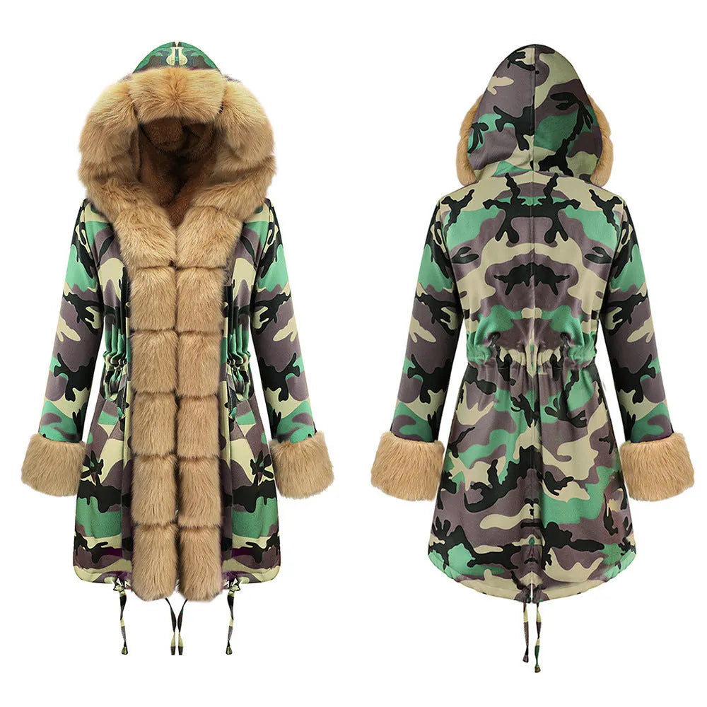 Womens Hooded Camouflage Warm Winter Coats Faux Fur Jacket Parka Overcoat