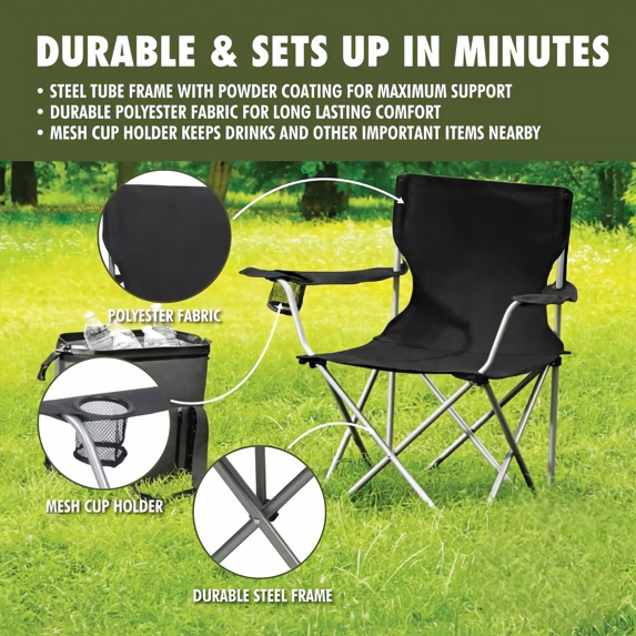 Quad Folding Camping Chair with Built-in Cup Holder, Heavy Duty Portable Outdoor Foldable Chair for Camping, Garden, Fishing & Picnic