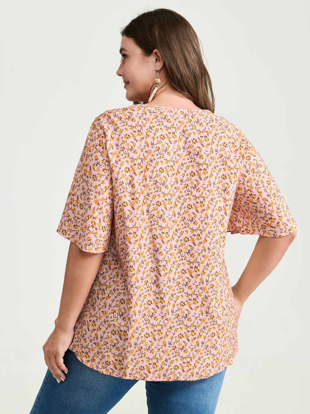 Micro Floral Print Drawstring Neckline Contrast Blouse