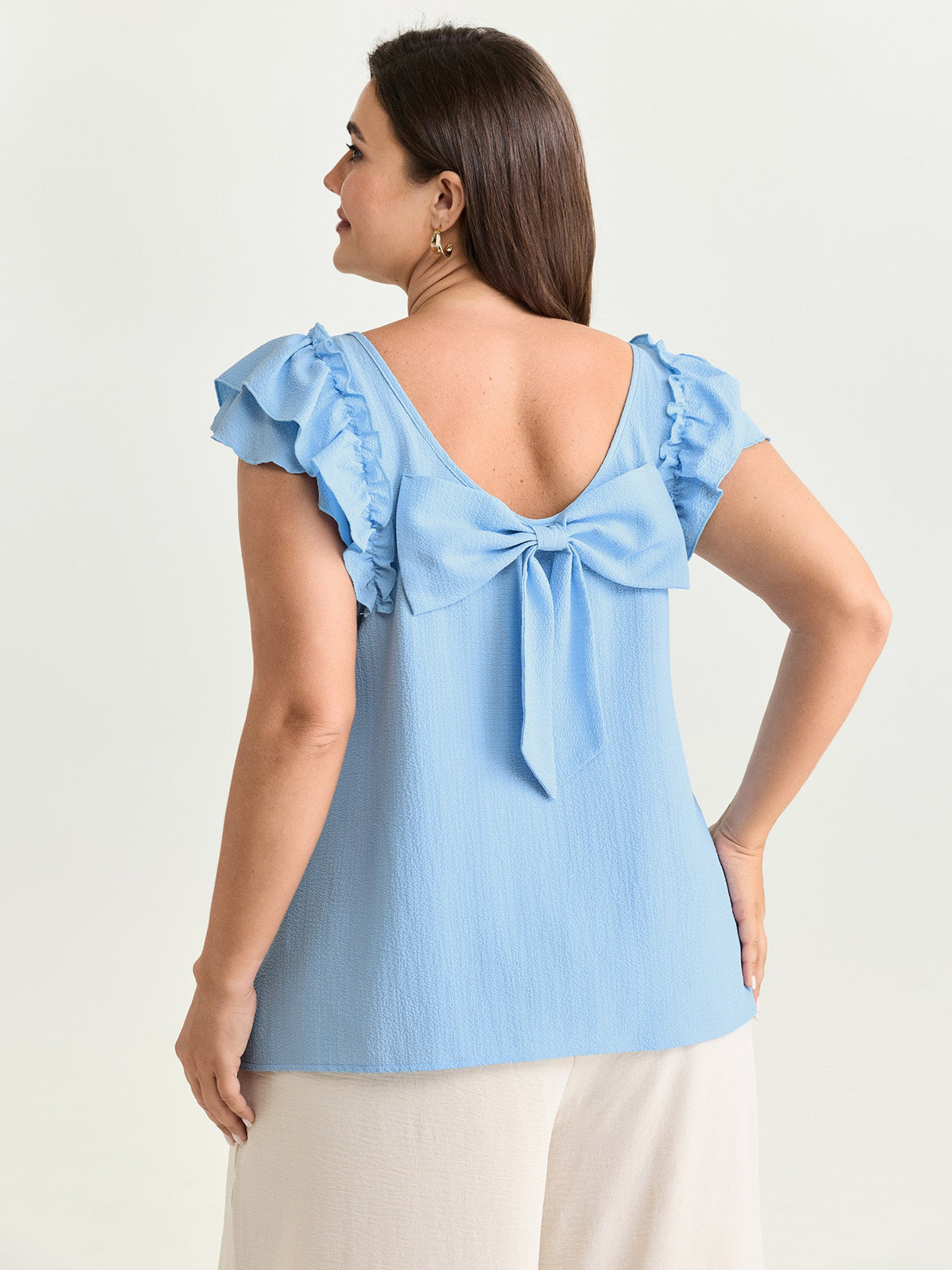 Textured Layered Flutter Sleeve Bowknot Blouse