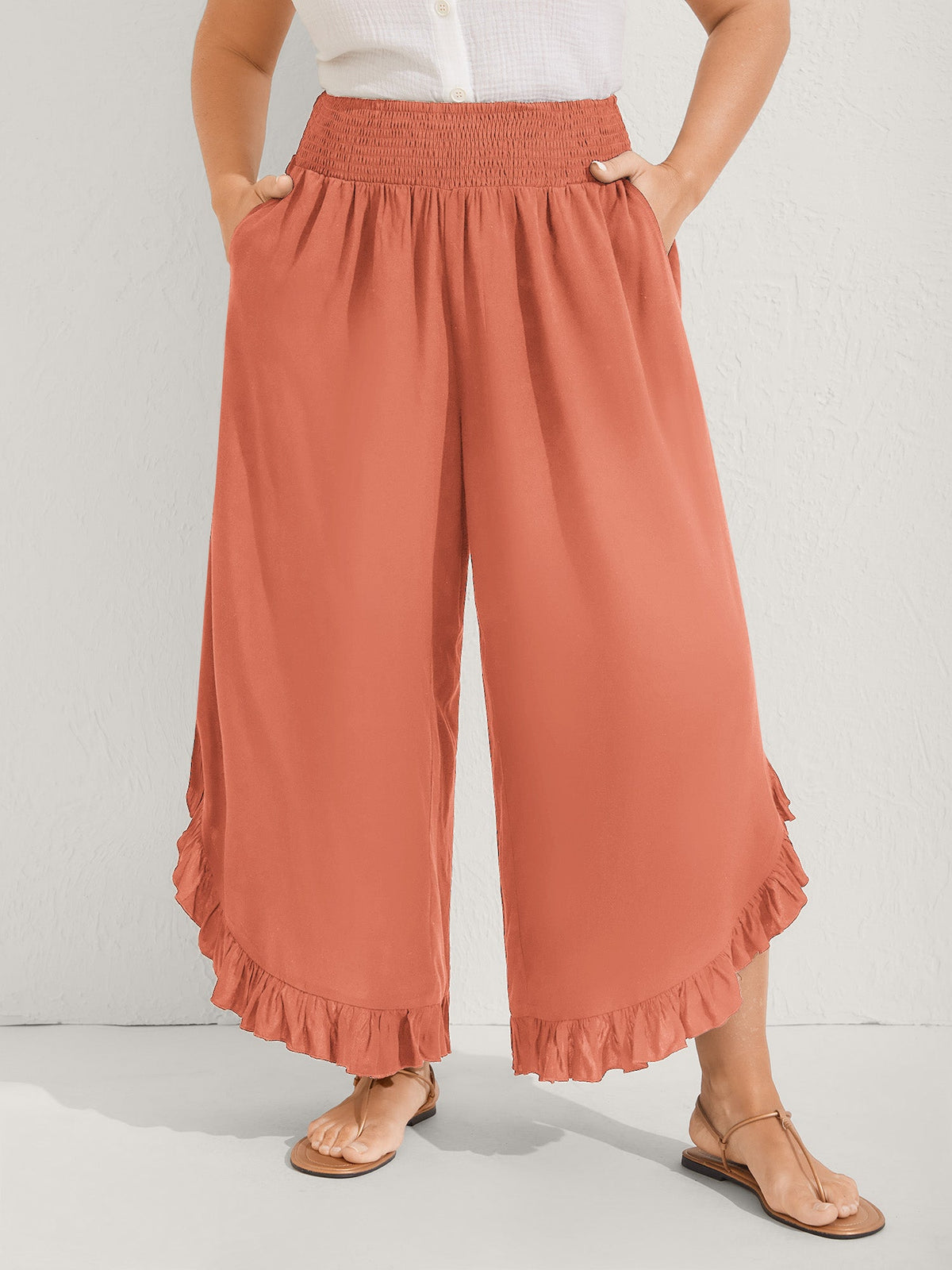 Ruffled Curvy Hem Wide-Leg Pants