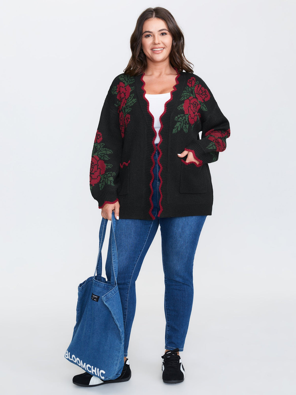Rose Pattern Jacquard Color Contrast Knit Cardigan