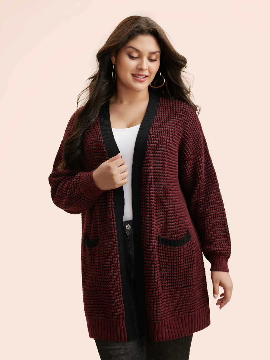 Contrast Textured Drop Shoulder Sleeve Cardigan