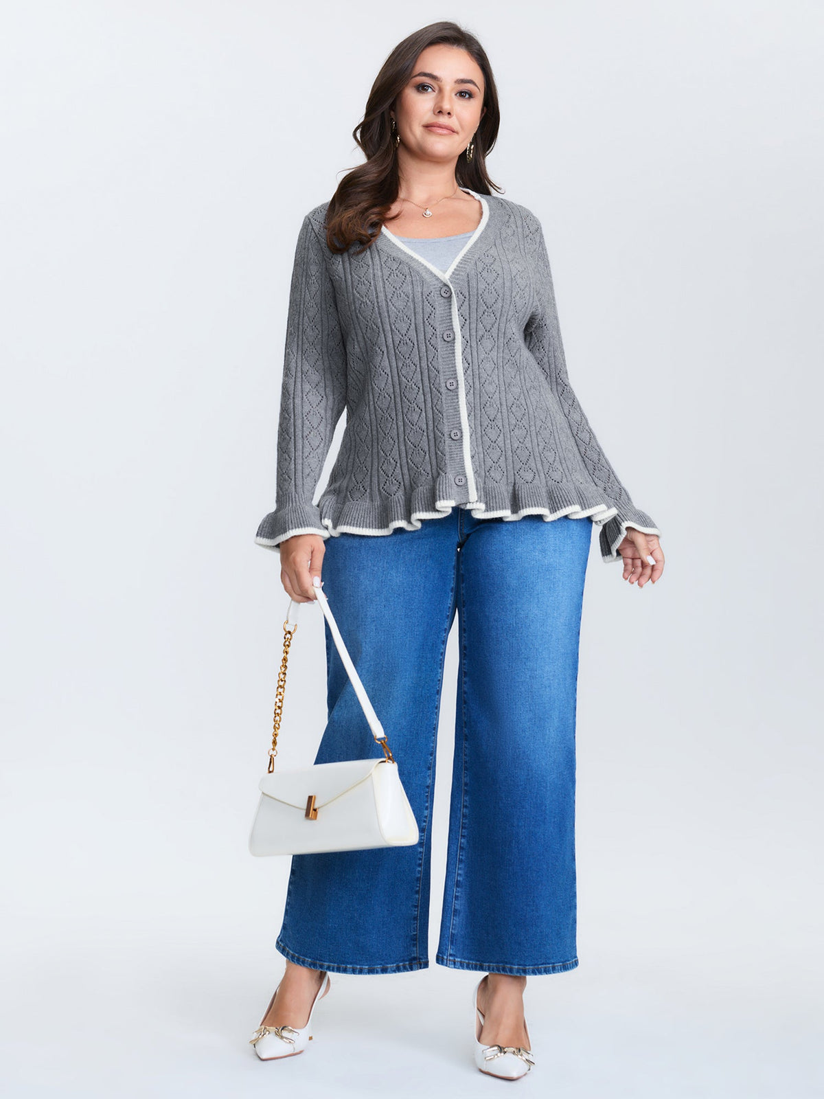 Textured Color Contrast Ruffled Hem Knit Cardigan
