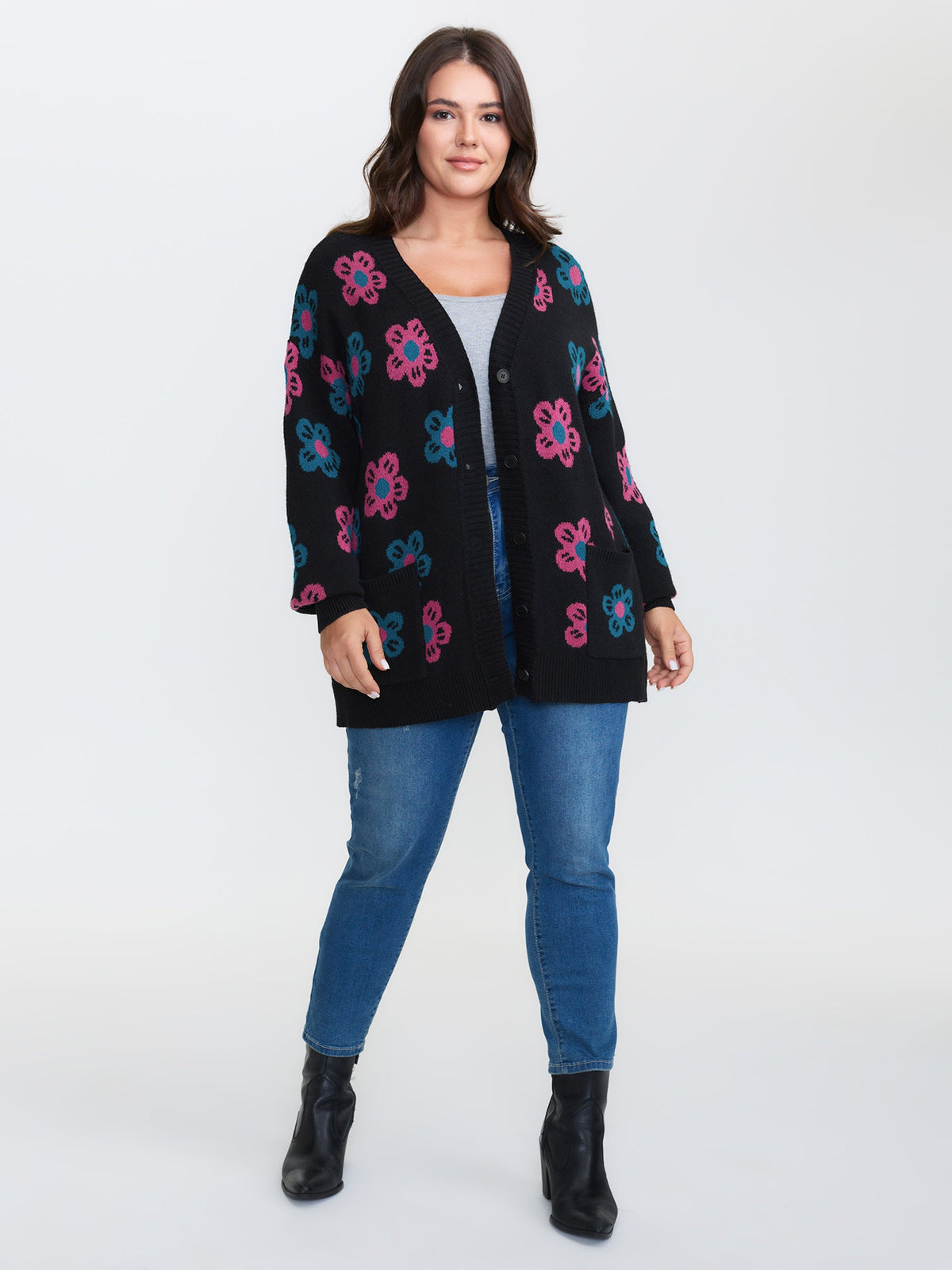 Supersoft Colorful Floral Drop Shoulder Knit Cardigan