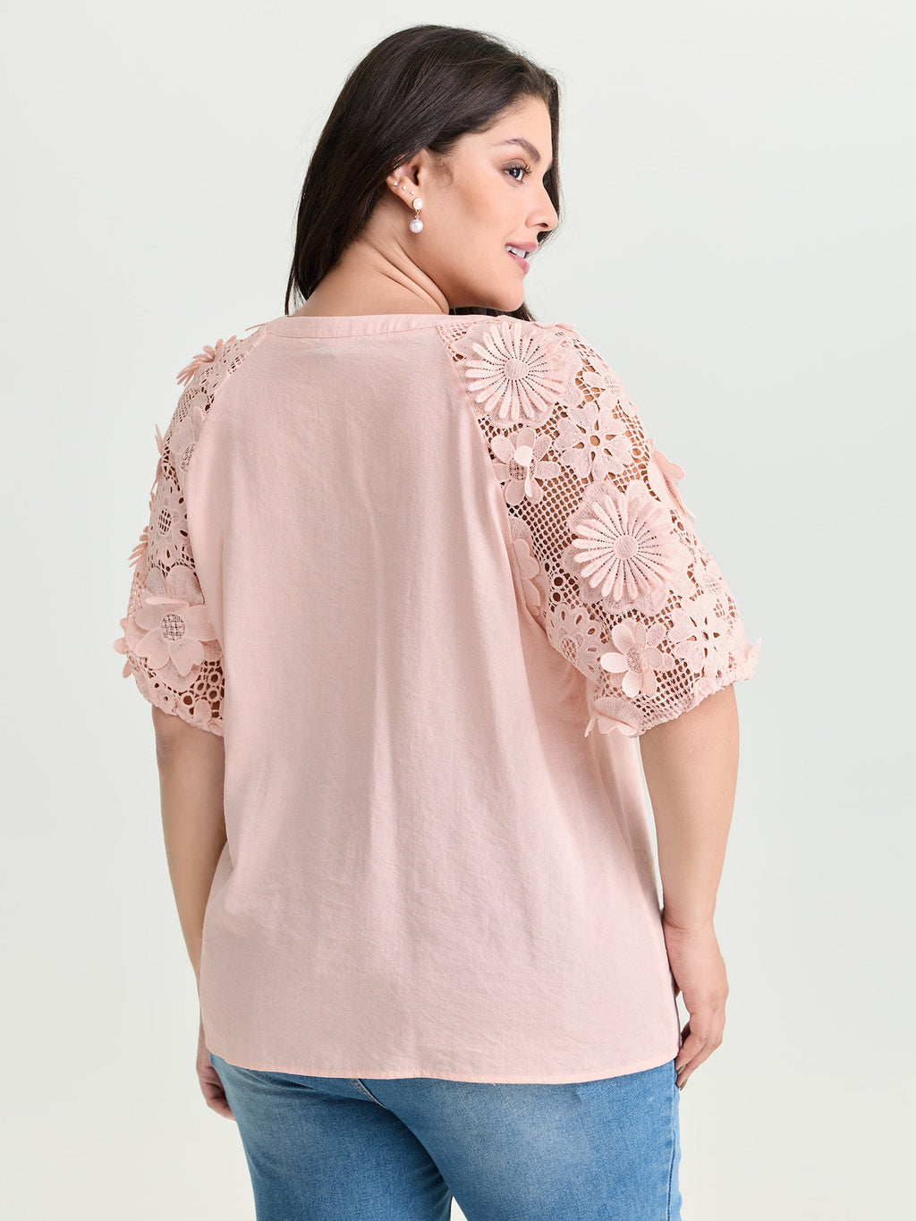 3D Floral Sleeve Spliced Flowy Blouse