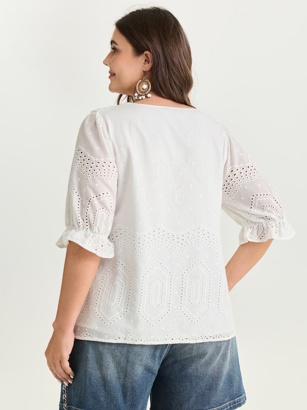 Cotton Cut-Out Lotus Leaf Neckline Blouse