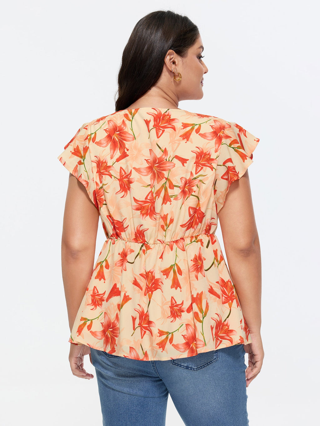 Floral Print Stretchy Wrap Tie Blouse