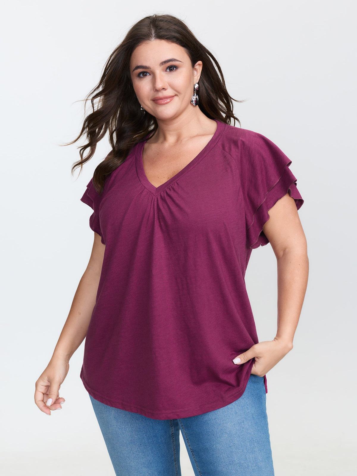 Stretchy Textured Flared Sleeve T-Shirt