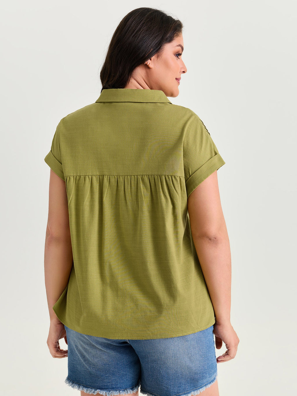 Collared Plain Pleated Half-Placket Blouse