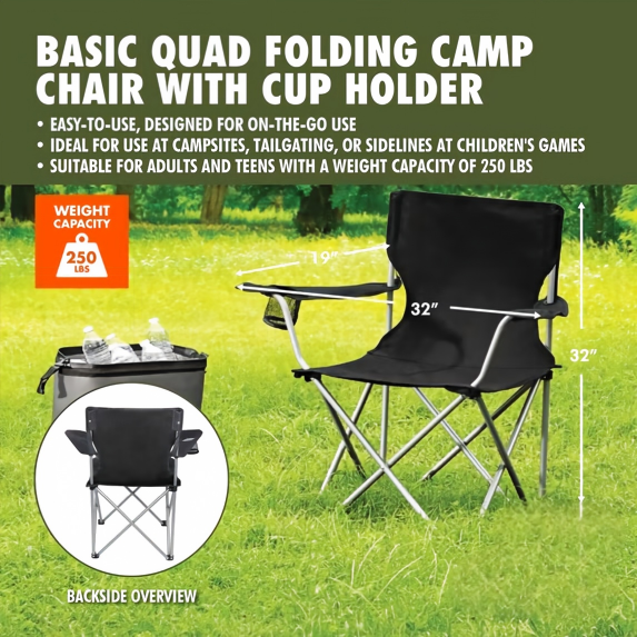 Quad Folding Camping Chair with Built-in Cup Holder, Heavy Duty Portable Outdoor Foldable Chair for Camping, Garden, Fishing & Picnic