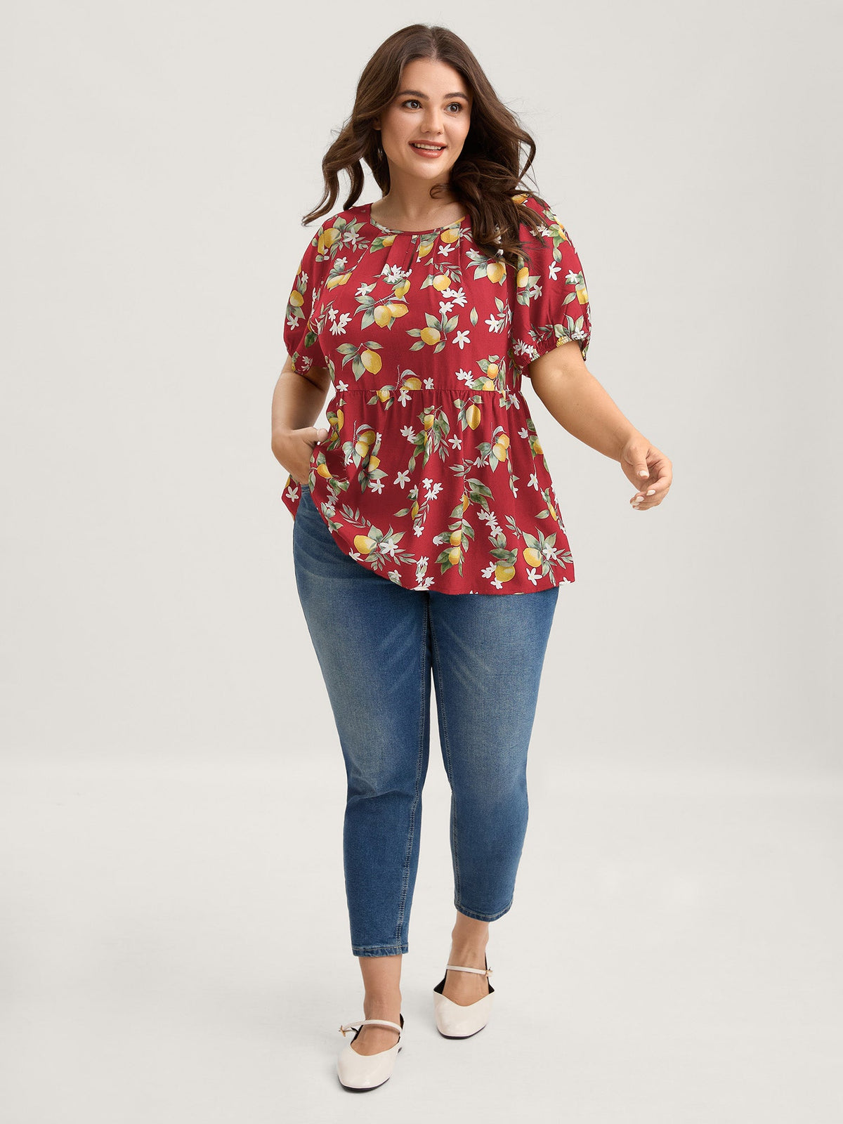 Citrus Print Bow Backless Blouse