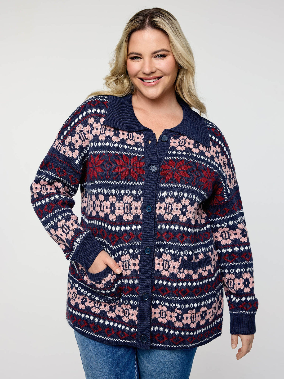 Geometric Pattern Patch Pocket Button Knit Cardigan