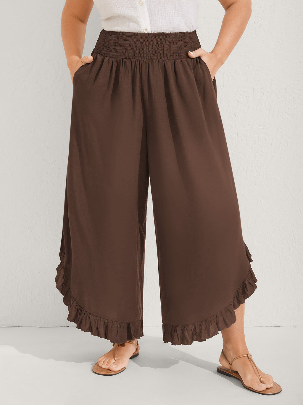 Ruffled Curvy Hem Wide-Leg Pants