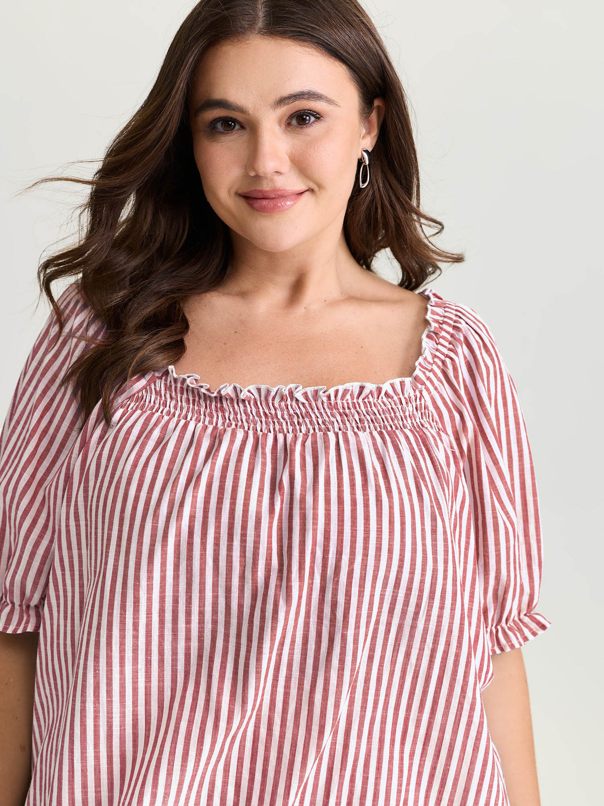Cotton Striped Shirred Bust-Friendly Neckline Blouse