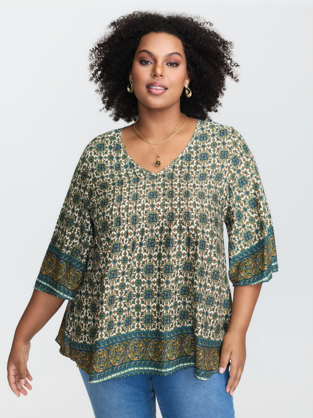 Pin-Tuck Pleat Ornate Print Relaxed Fit Shirt
