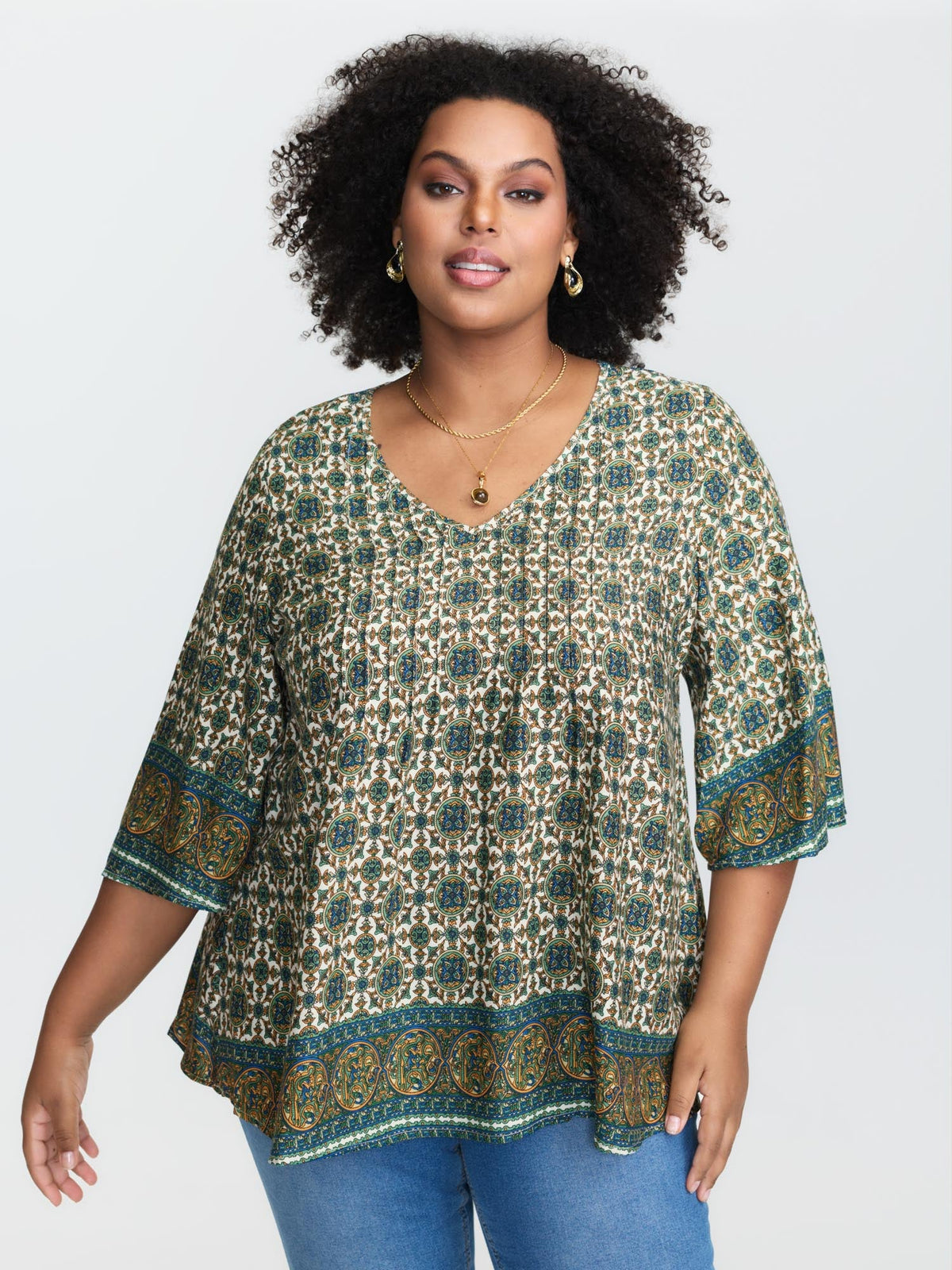 Pin-Tuck Pleat Ornate Print Relaxed Fit Shirt