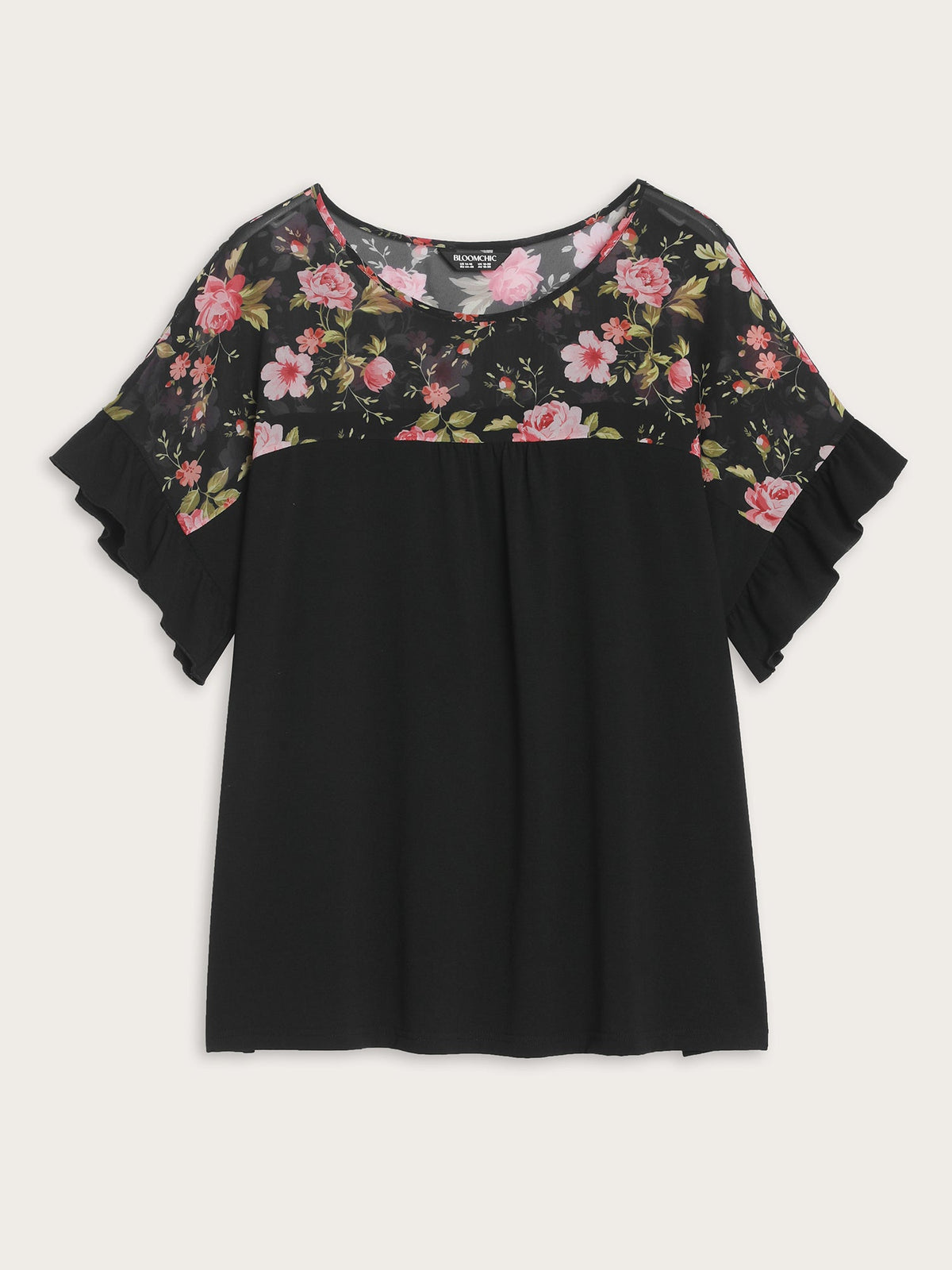 Supersoft Floral Print Ruffle Sleeve Patchwork Top