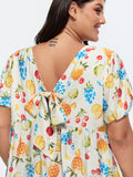 Fruit Print Bowknot Pleated Neckline Blouse