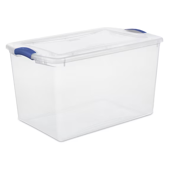 66 Clear Plastic Storage Box with Blue Latching Lid, Large Stackable Storage Container for Home, Garage & Bedroom Organisation