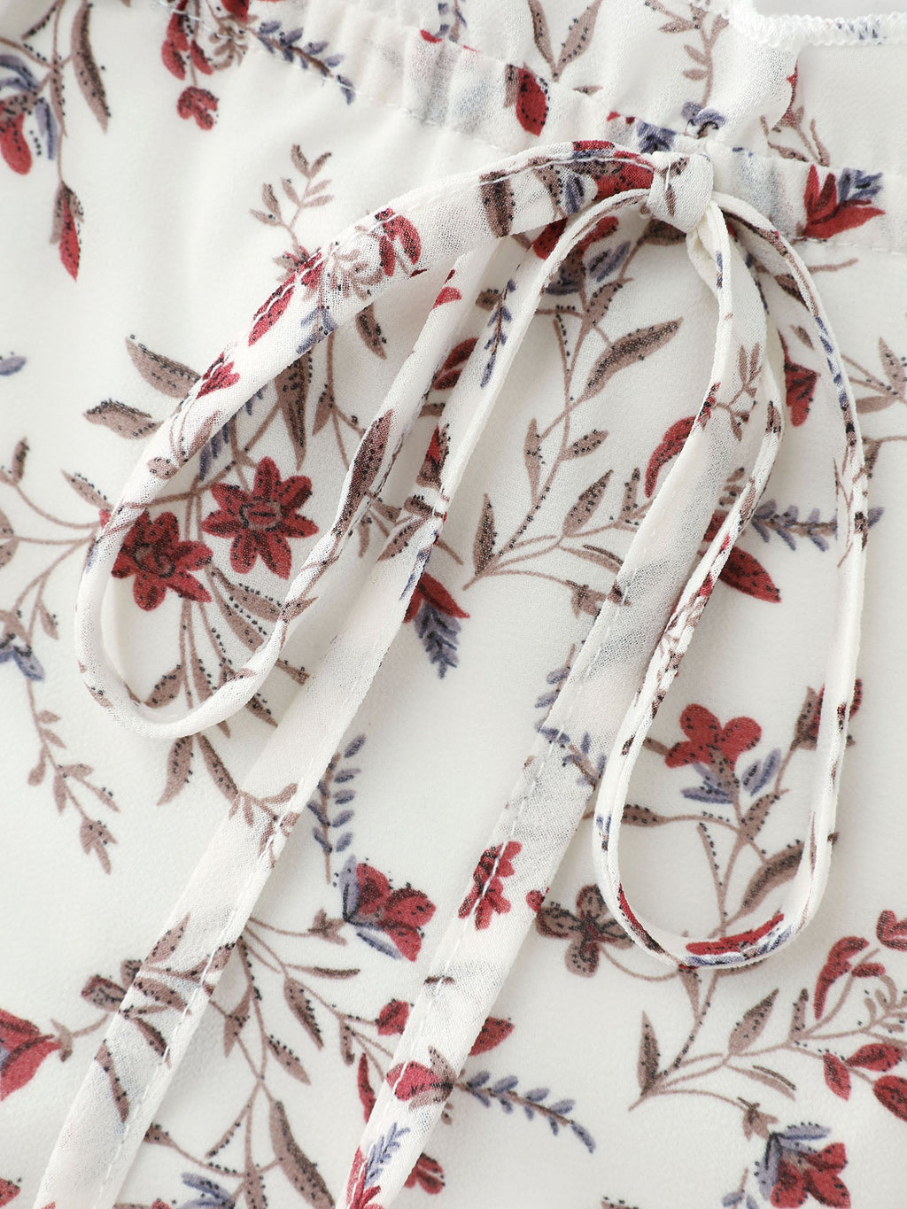 Floral Drawstring Neckline Shirred Blouse