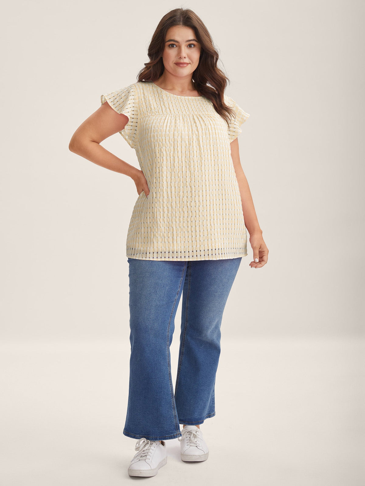 Textured Sheer Lined Flutter Sleeve Blouse