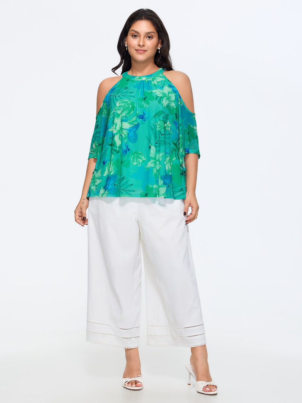 Stretchy Floral Print Cold-Shoulder Blouse