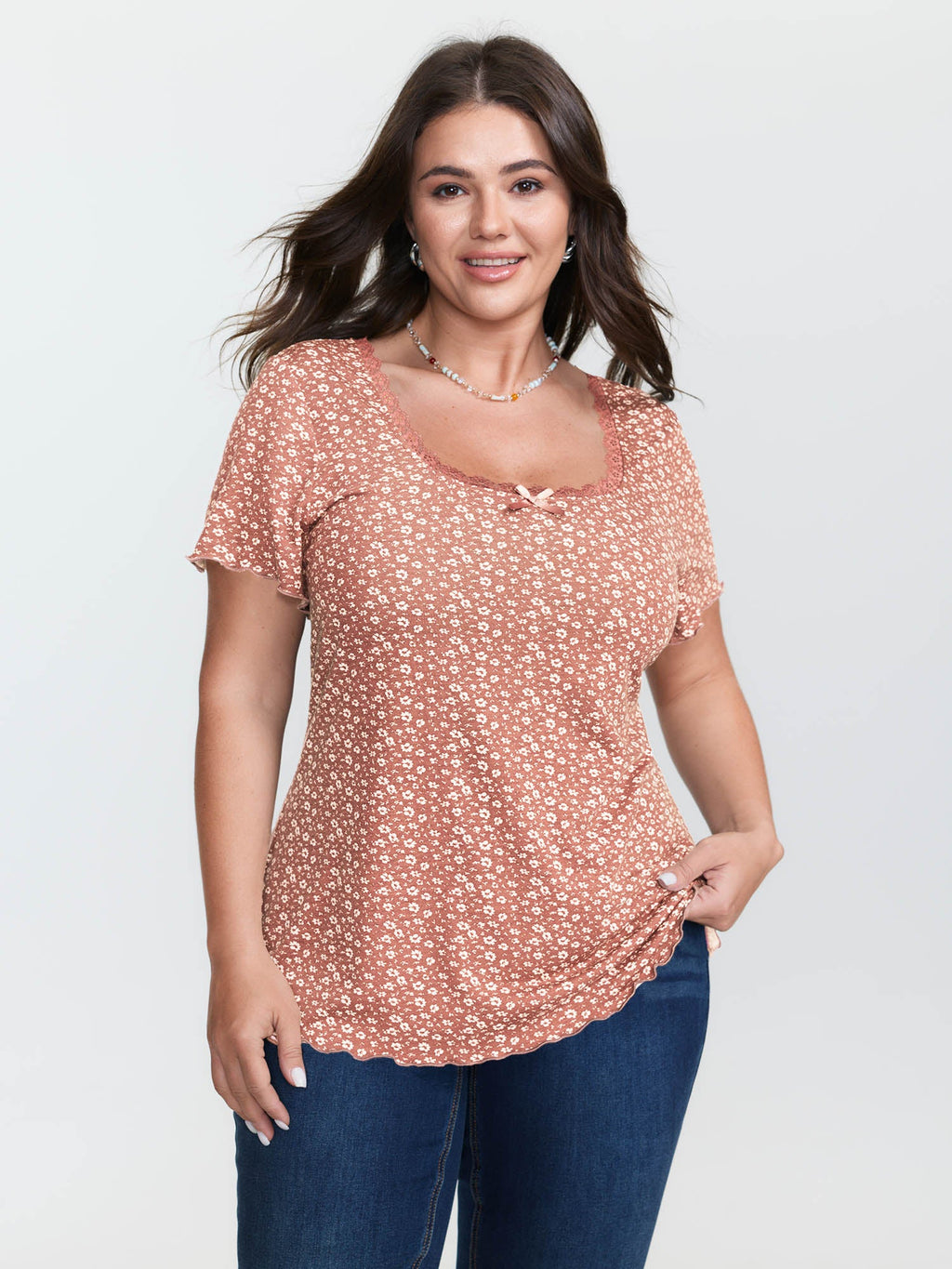 Floral Print Lace Neckline T-Shirt