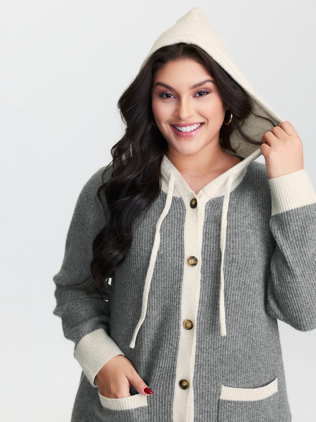 Hooded Colorblock Pockets Button Knit Cardigan