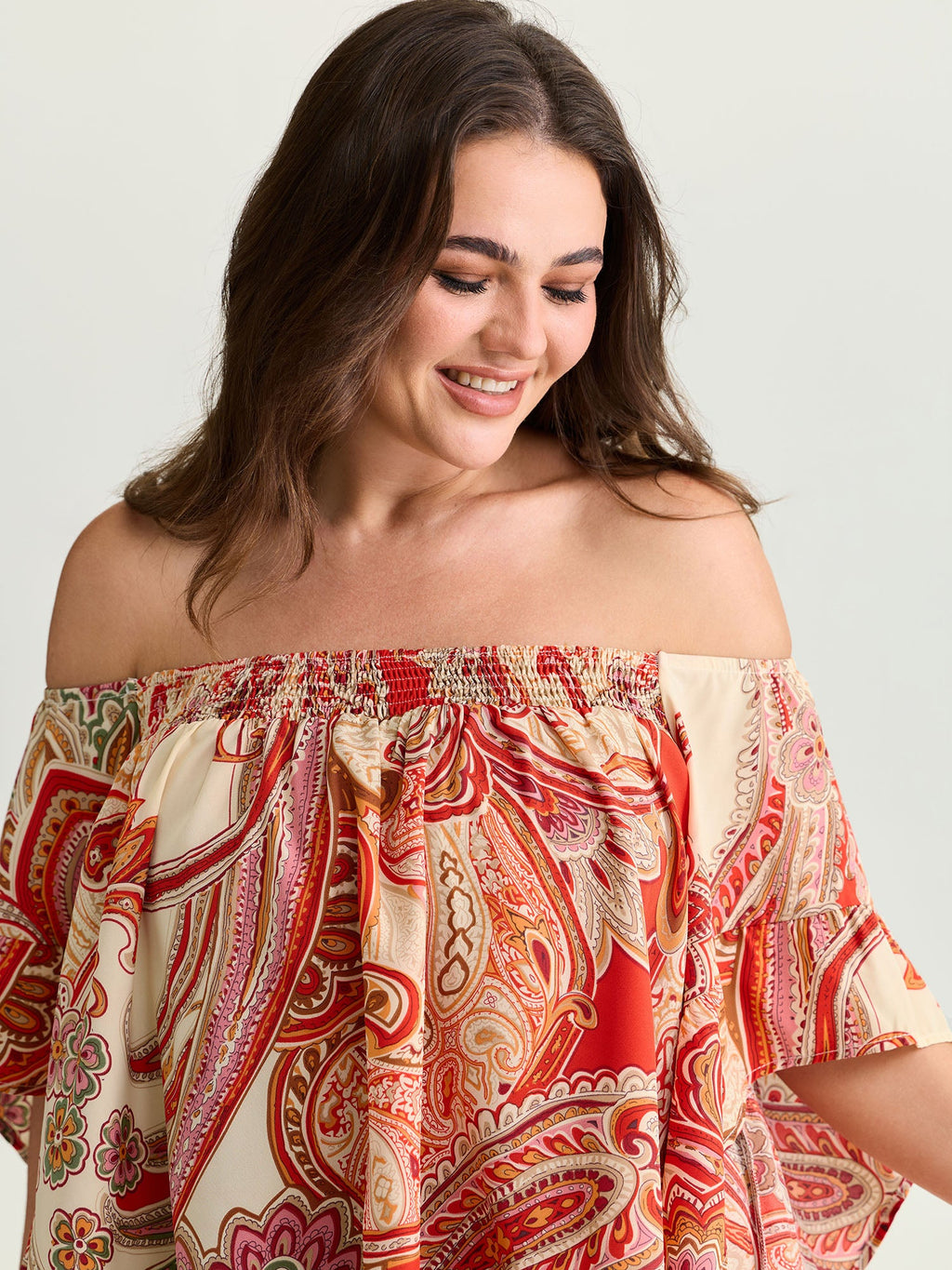 Colorful Paisley Print Off-Shoulder Blouse