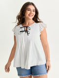 Cotton Flutter Sleeve Pleated Contrast Bows Blouse