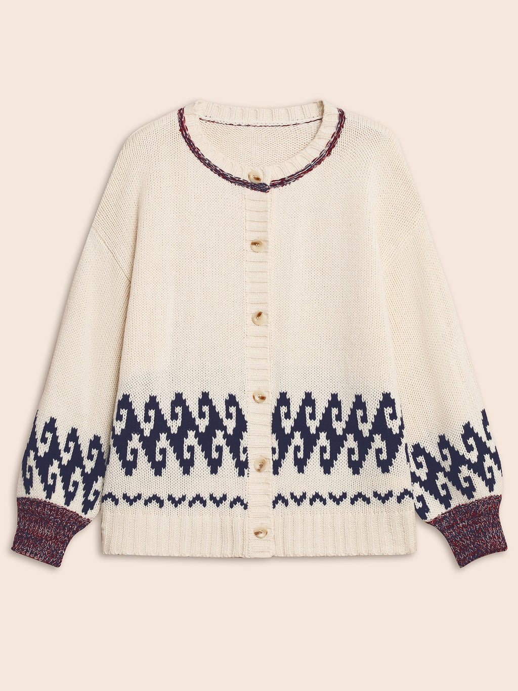 Fair Isle Balloon Sleeve Crew Neck Cardigan