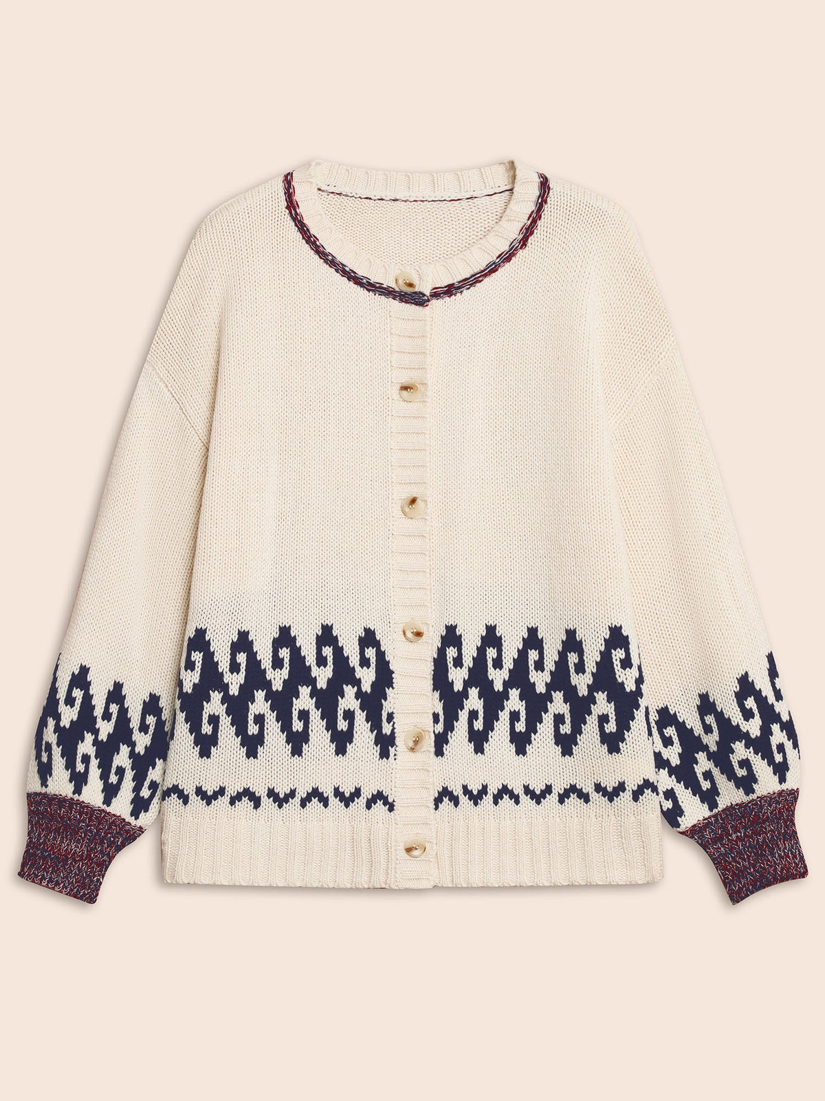 Fair Isle Balloon Sleeve Crew Neck Cardigan
