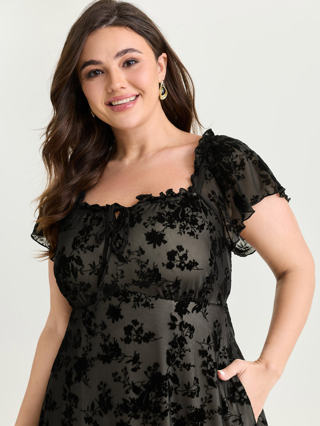 Floral Mesh Cut Stretchy Midi Dress