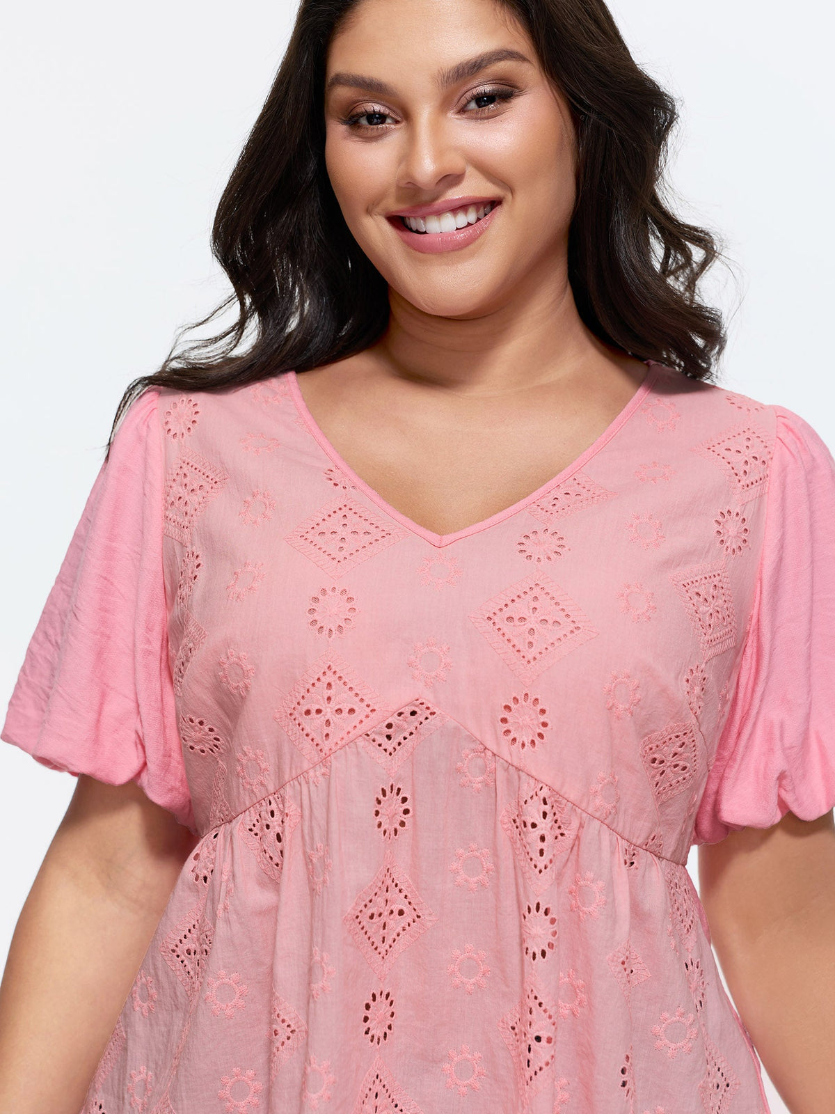Cotton Eyelet Embroidered V-Neck Bubble Sleeve Blouse