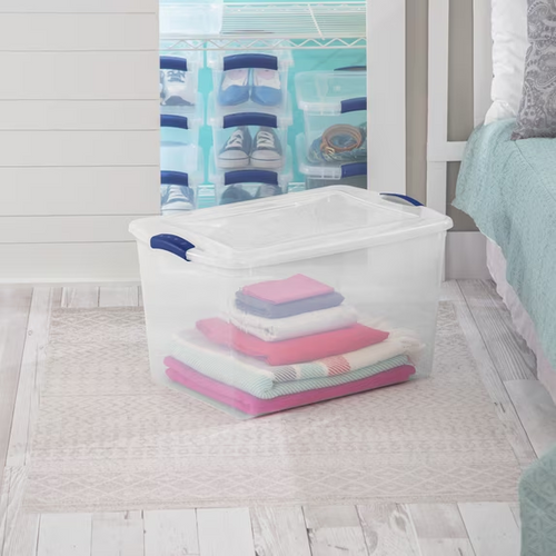 66 Clear Plastic Storage Box with Blue Latching Lid, Large Stackable Storage Container for Home, Garage & Bedroom Organisation