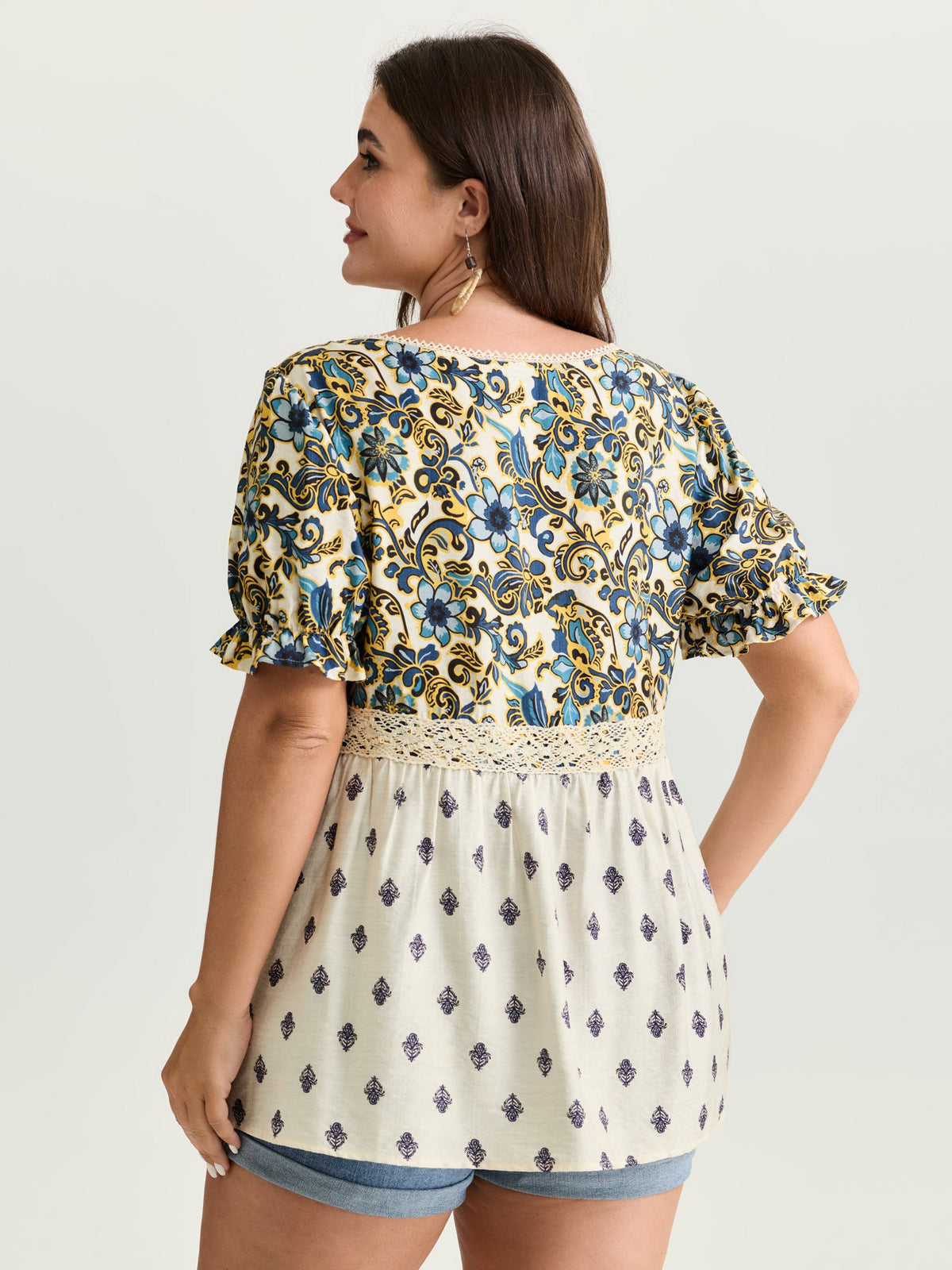 Floral Print Lace Neckline Flowy Blouse