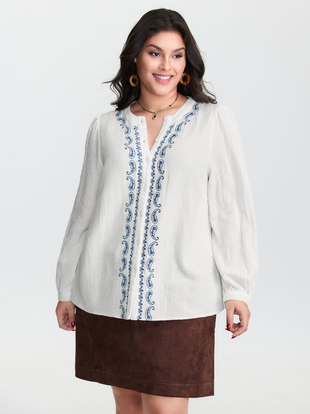 Cotton Textured Embroidered Notched Collar Blouse