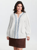 Cotton Textured Embroidered Notched Collar Blouse