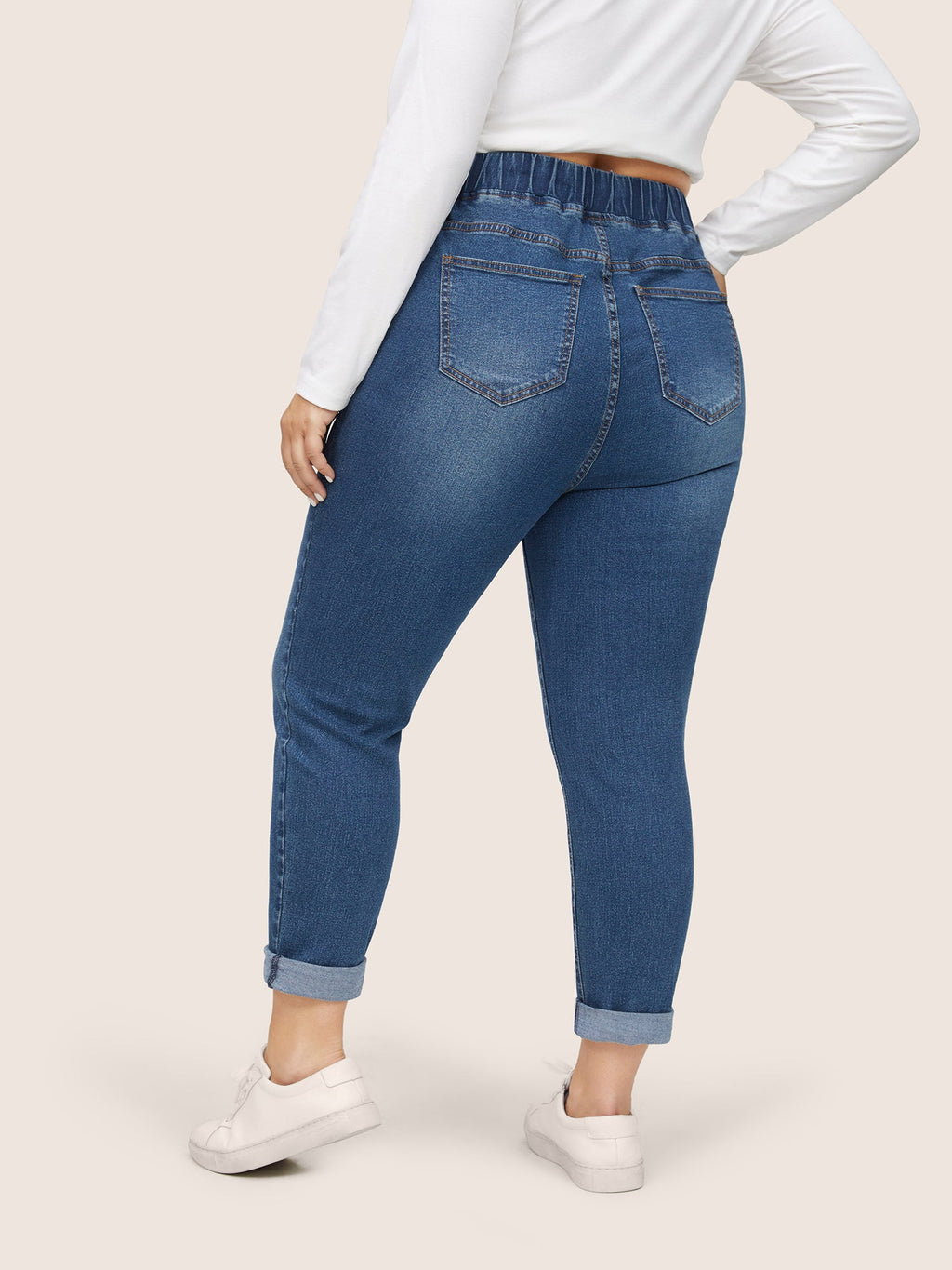 Pull-On Drawstring Folded Hem Boyfriend Jeans