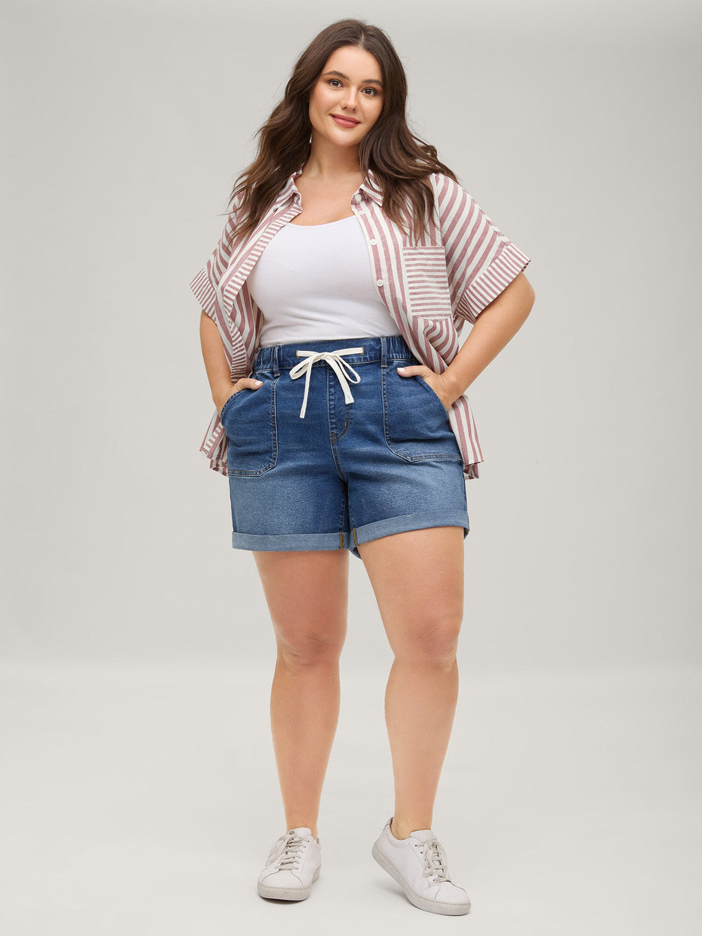Pull-On Folded Hem High-Rise Denim Shorts
