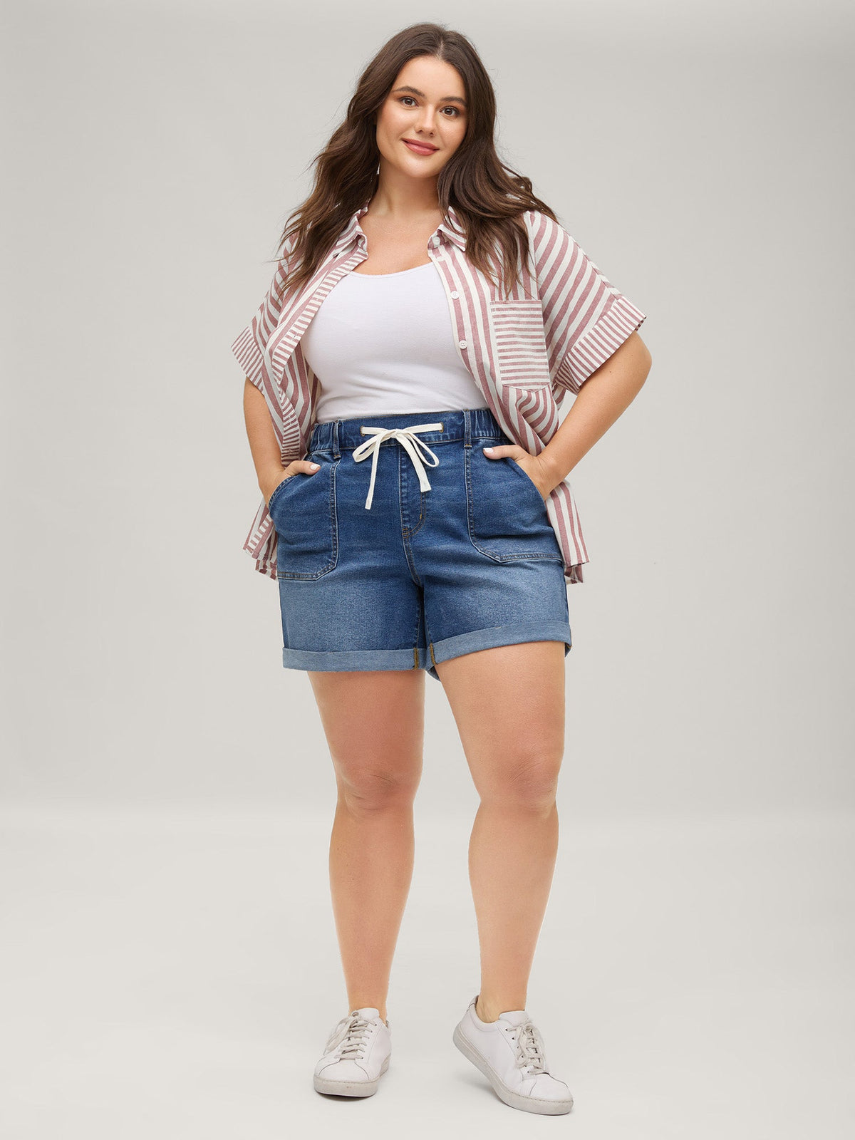 Pull-On Folded Hem High-Rise Denim Shorts