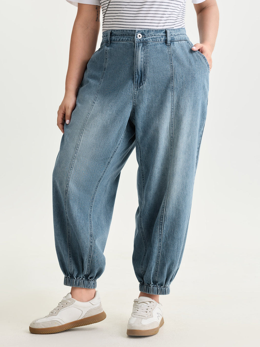 Elastic Waist Cuffed Medium Wash Jeans