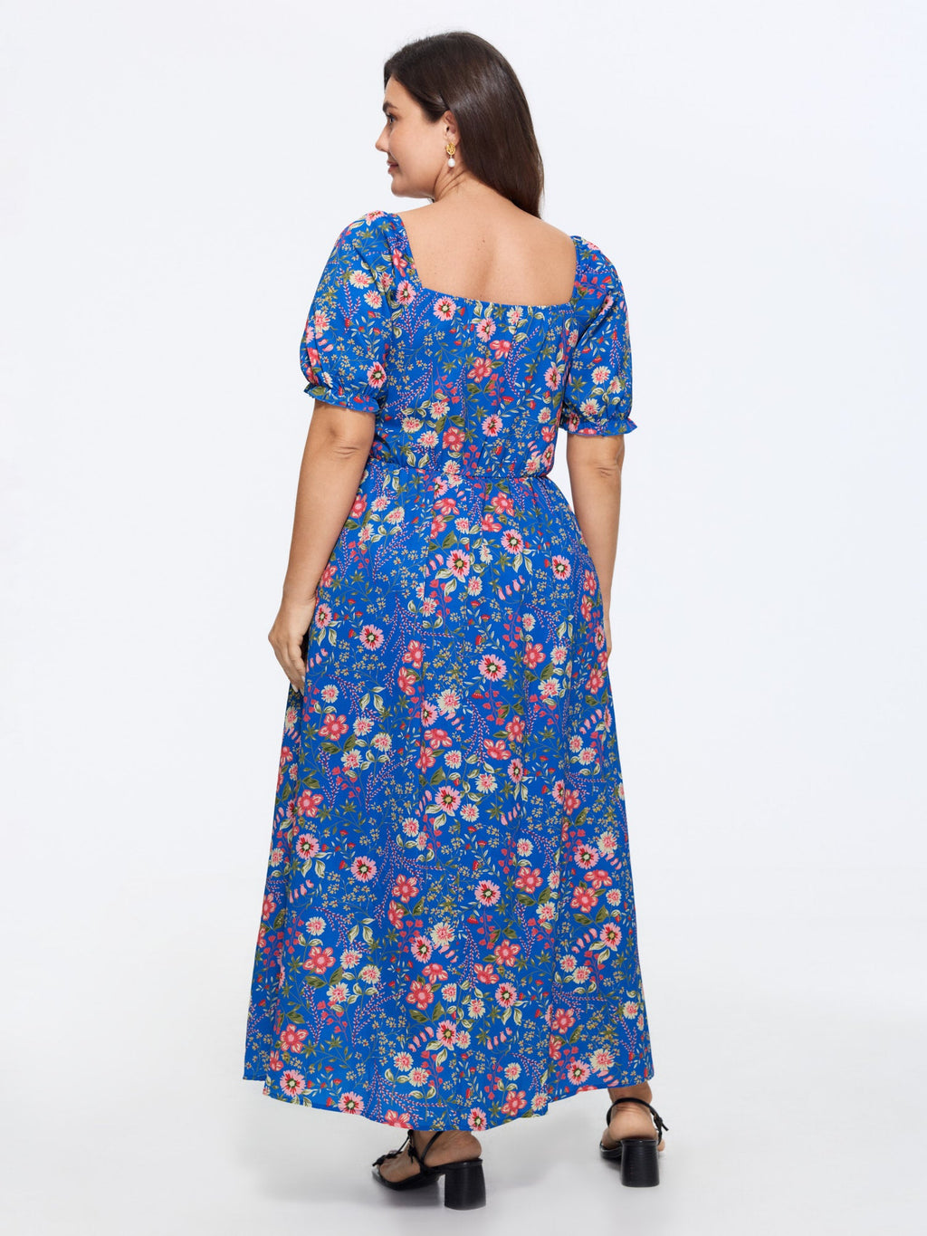 Shirred Floral Print Pockets Maxi Dress