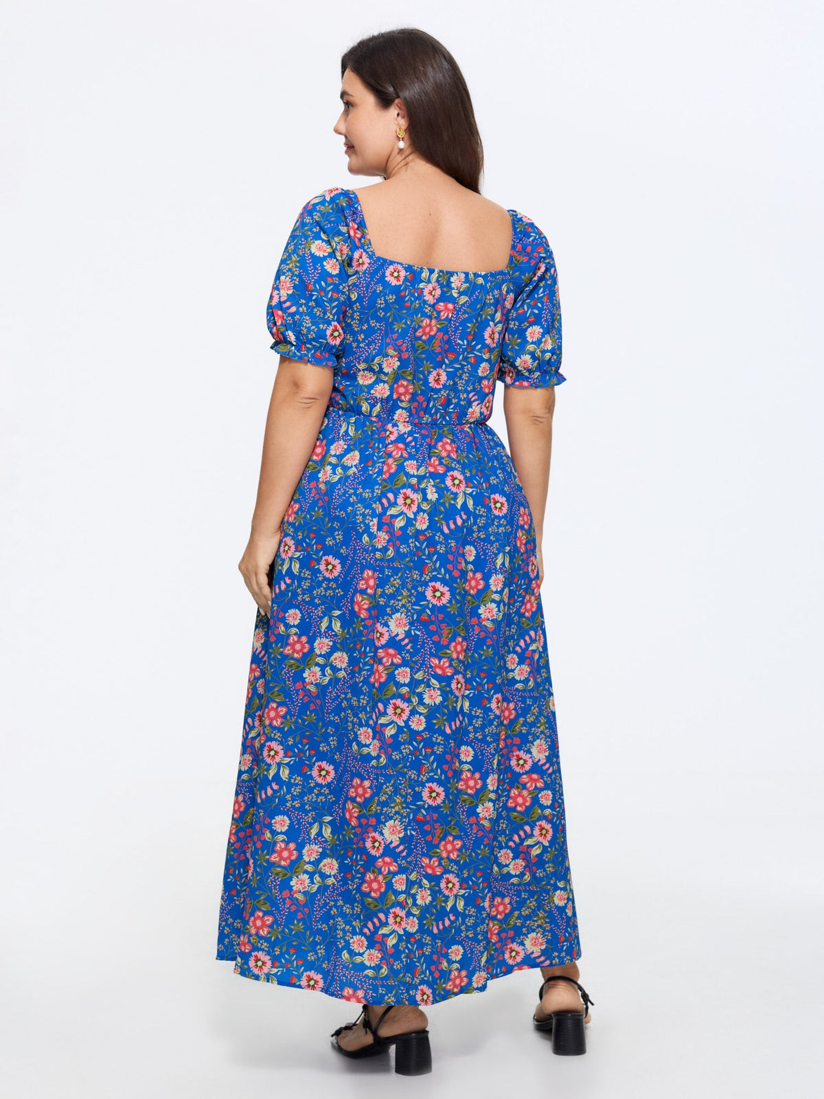 Shirred Floral Print Pockets Maxi Dress
