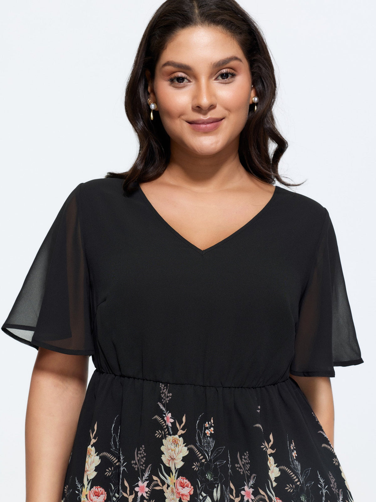 Floral Mesh V-Neck Fit And Flare Top
