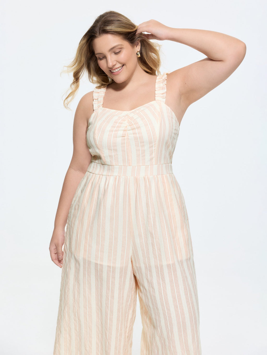 Sheer Striped Print Shirred Straps Jumpsuit