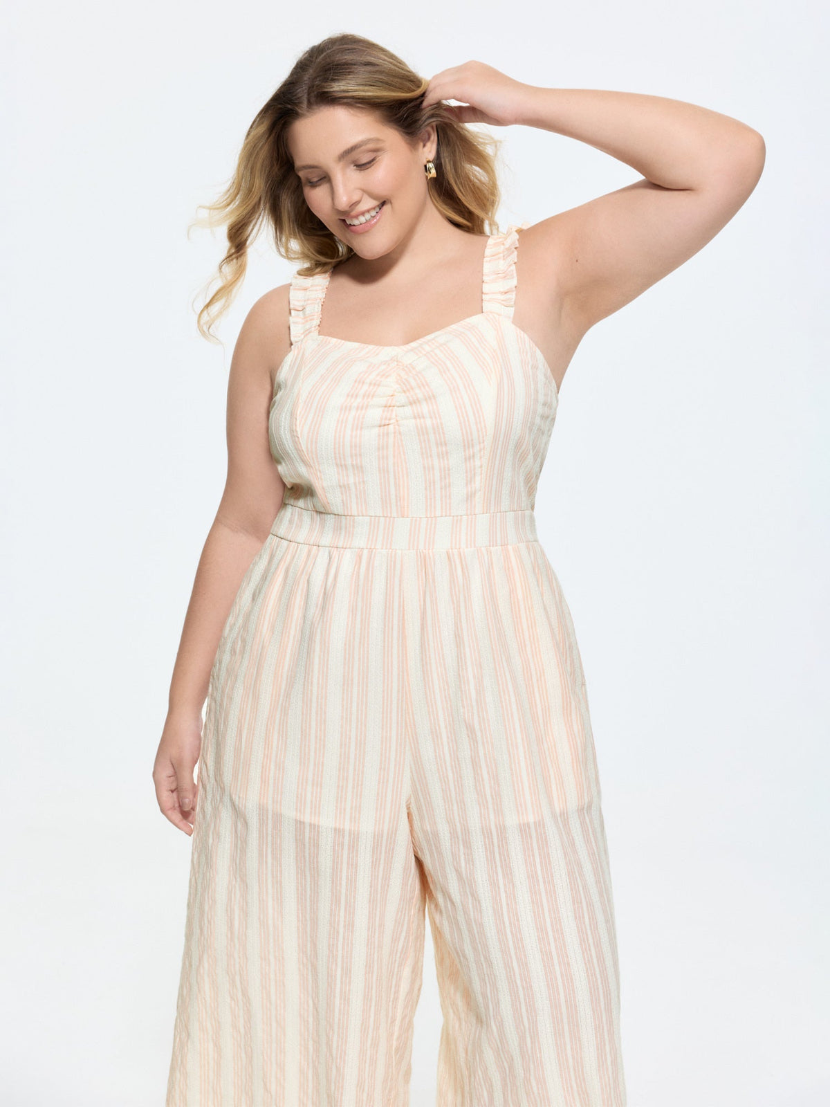 Sheer Striped Print Shirred Straps Jumpsuit