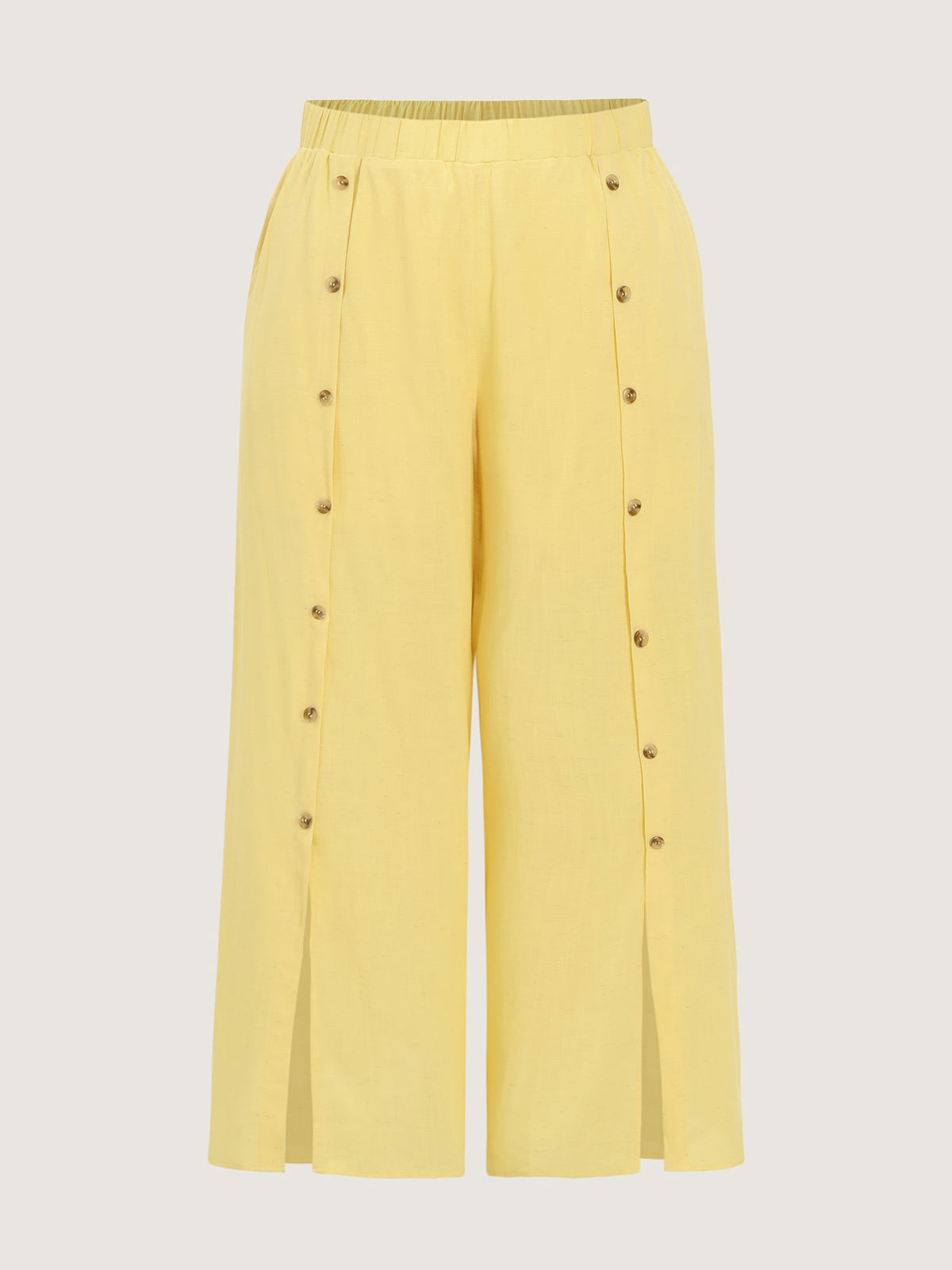 Linen Blend Button Detail Hem Split Sheer Pants