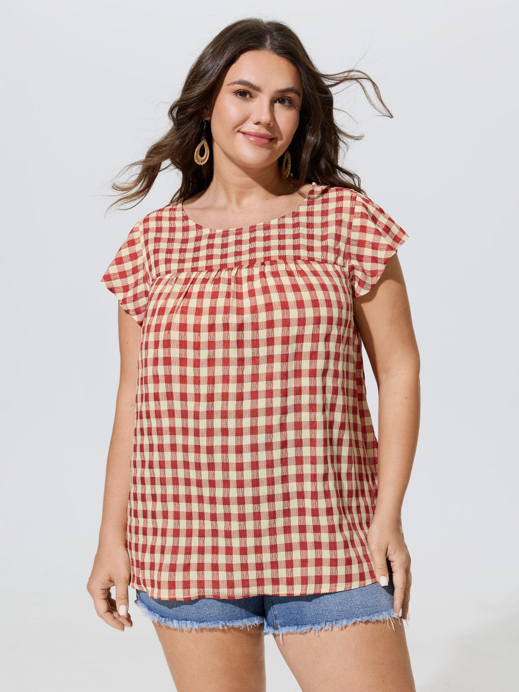 Gingham Print Ruffled Sleeve Pleated Blouse